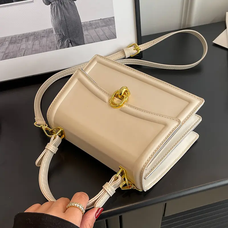 Women's Cream Satchel Shoulder Bag with Gold Clasp - Image 9