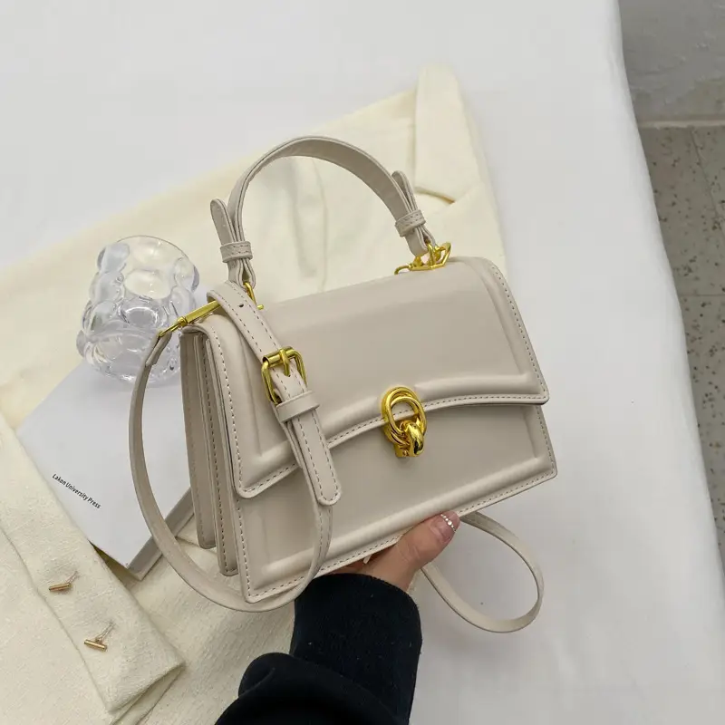 Women's Cream Satchel Shoulder Bag with Gold Clasp - Image 2