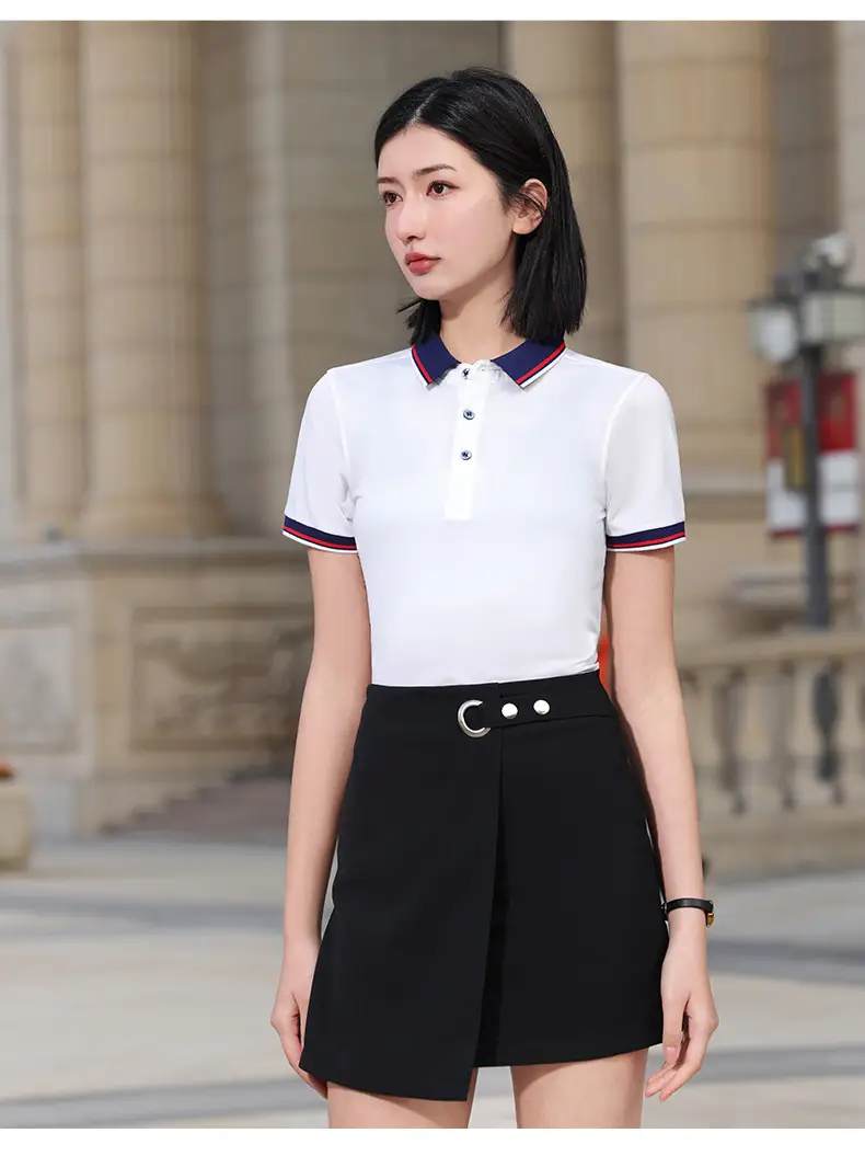 Men & Women Black Polo Shirt with Belt & Skirt Set — feature 17