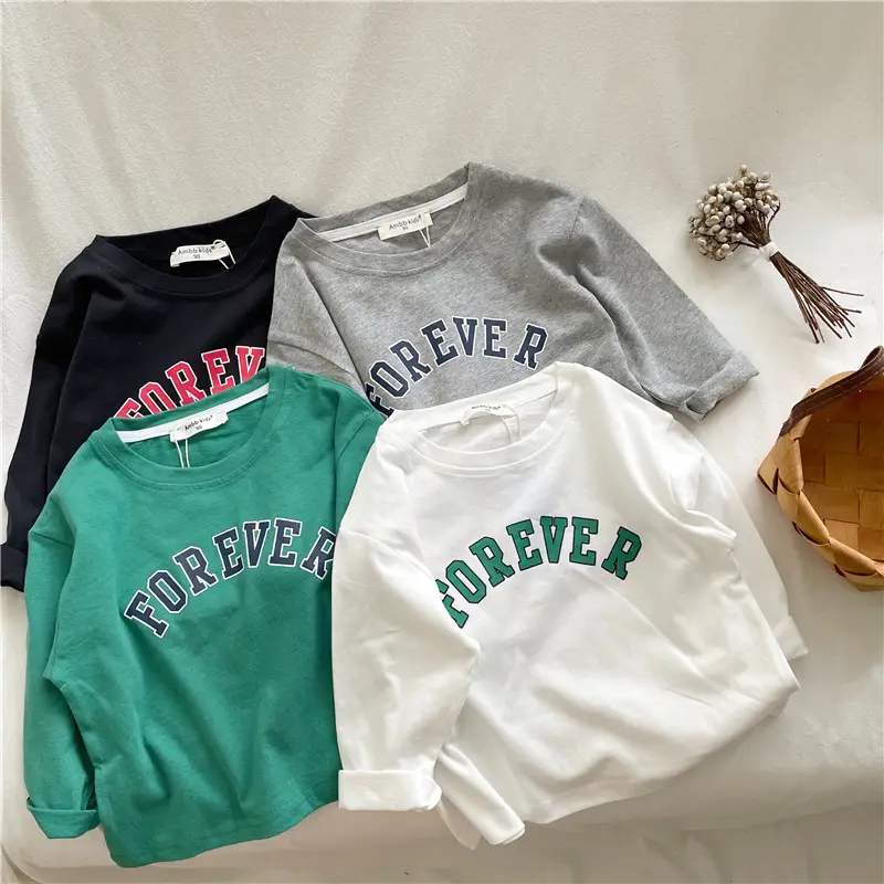 Kids Cotton T-Shirt Green White Korean Style Loose Fit - Image 5