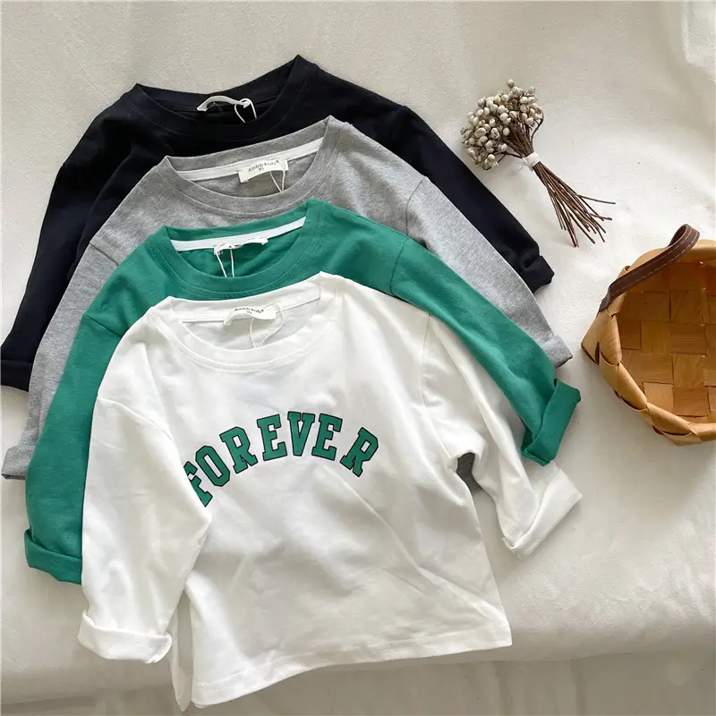 Kids Cotton T-Shirt Green White Korean Style Loose Fit - Image 6