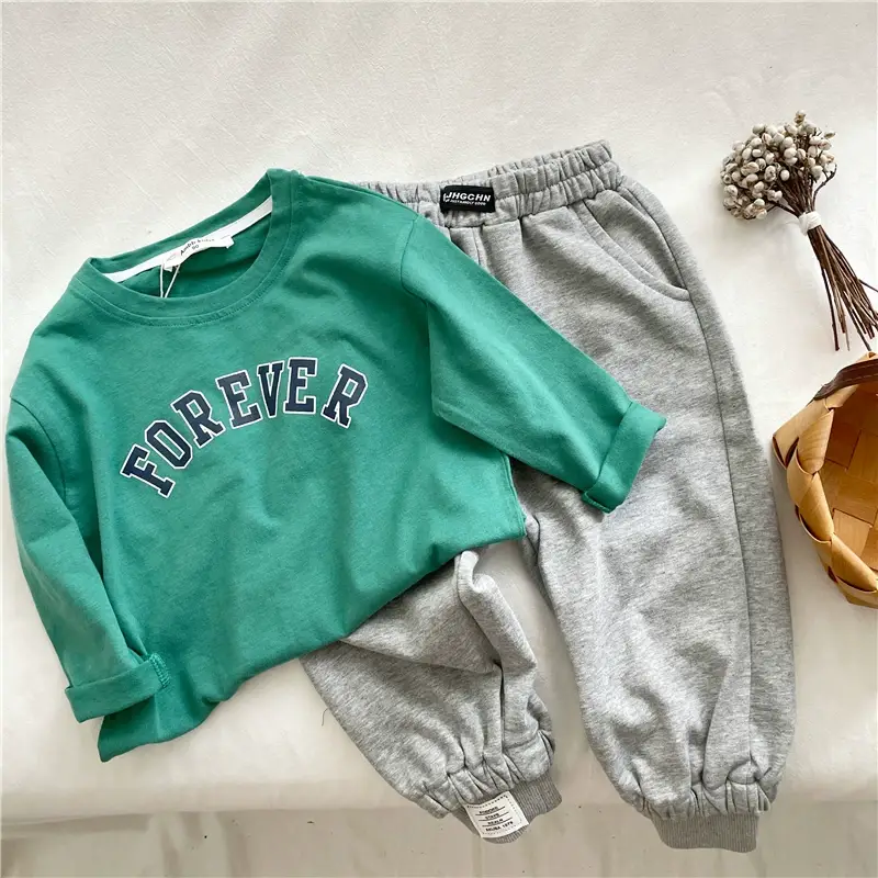Kids Cotton T-Shirt Green White Korean Style Loose Fit — feature 13