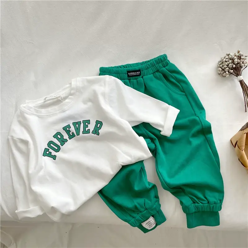 Kids Cotton T-Shirt Green White Korean Style Loose Fit — feature 15