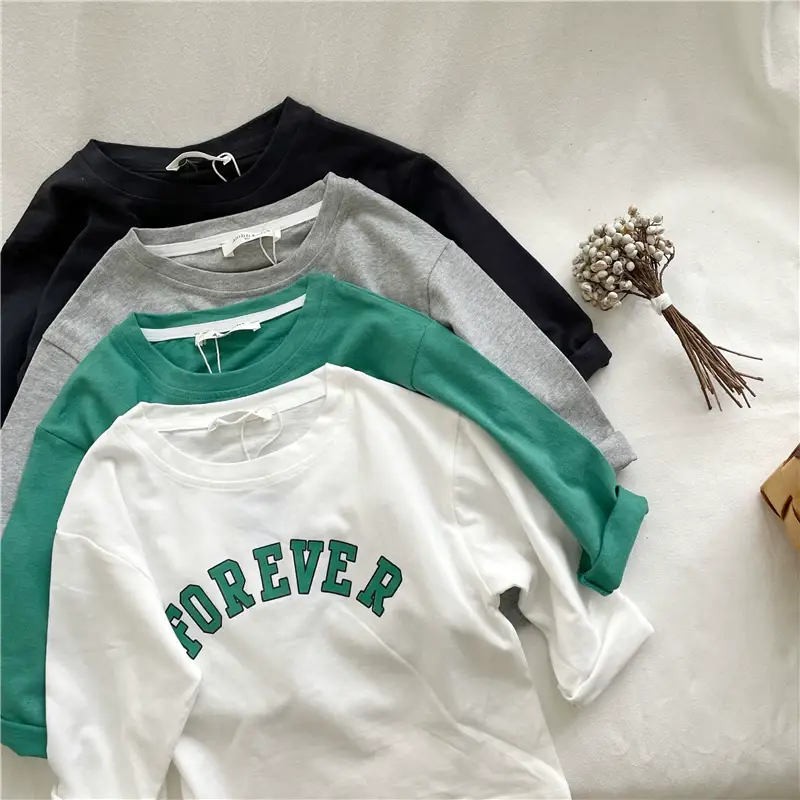 Kids Cotton T-Shirt Green White Korean Style Loose Fit — feature 16