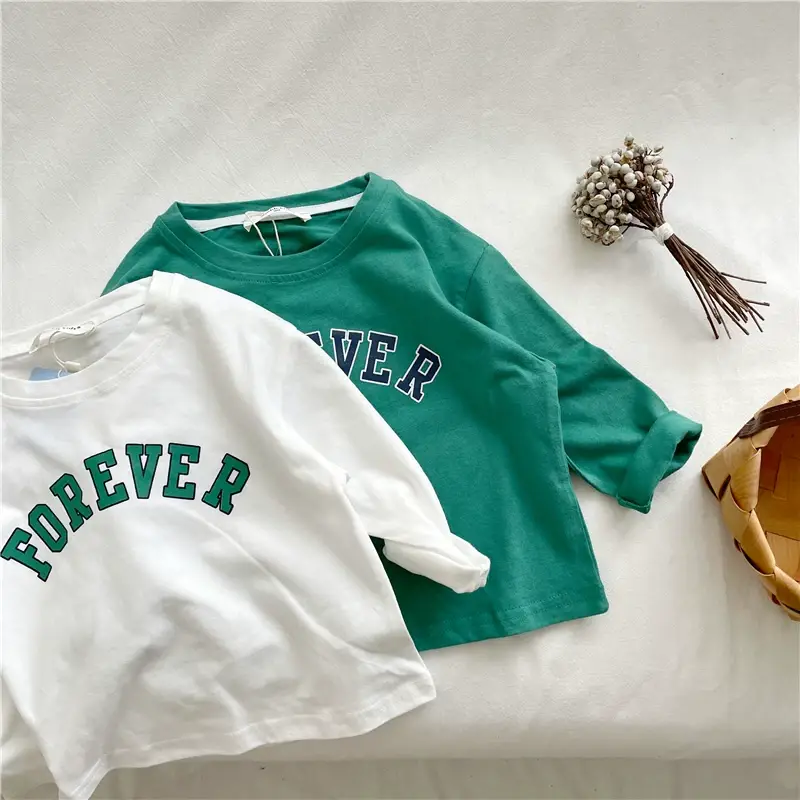 Kids Cotton T-Shirt Green White Korean Style Loose Fit — feature 17