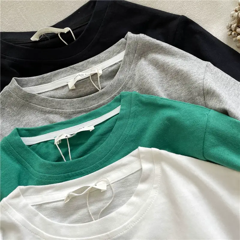 Kids Cotton T-Shirt Green White Korean Style Loose Fit — feature 19
