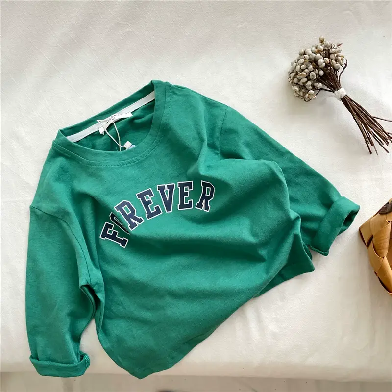 Kids Cotton T-Shirt Green White Korean Style Loose Fit — feature 25
