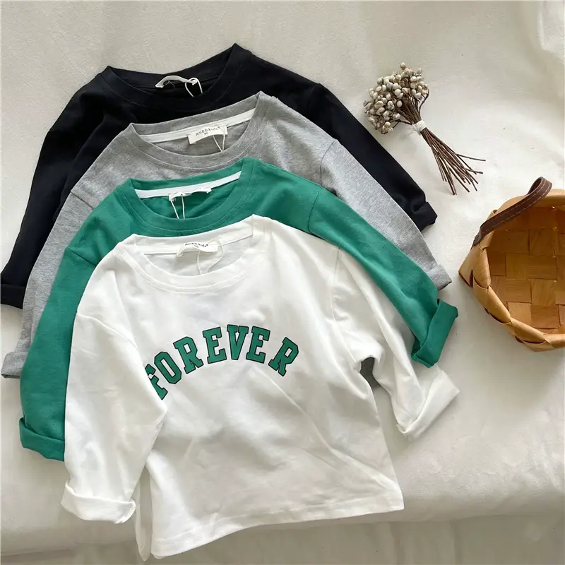 Kids Cotton T-Shirt Green White Korean Style Loose Fit — feature 4