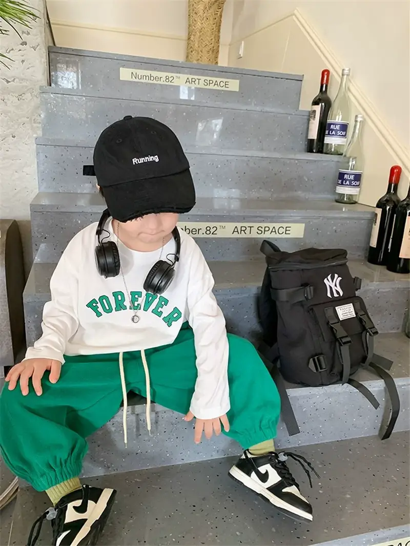 Kids Cotton T-Shirt Green White Korean Style Loose Fit — feature 8