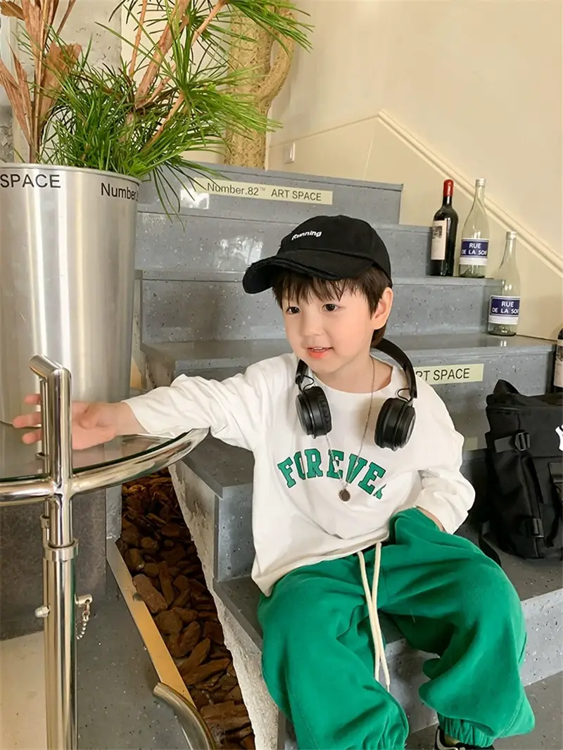 Kids Cotton T-Shirt Green White Korean Style Loose Fit — feature 9