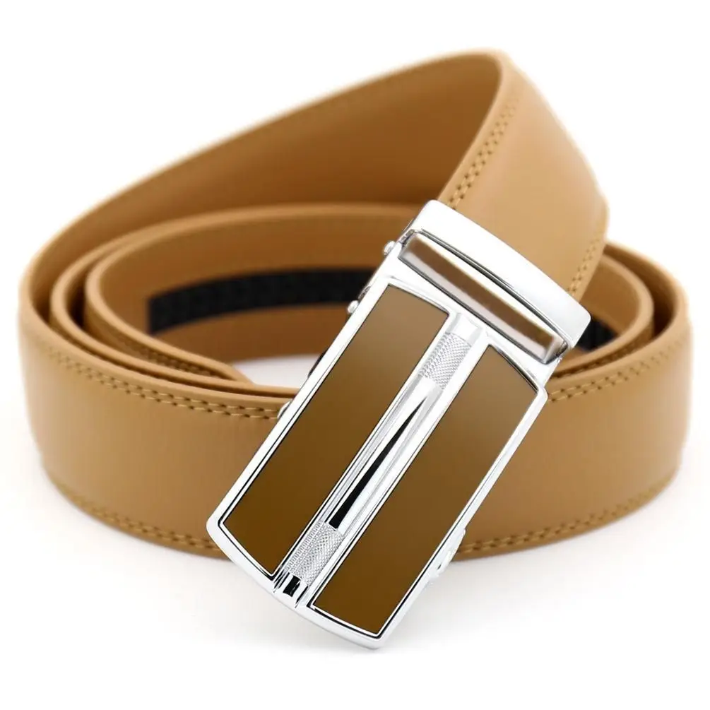 Men's Khaki Leather Belt with Automatic Buckle 3.5cm