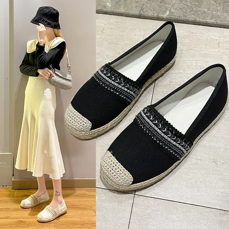 Women's Linen Fisherman Slip-On Loafers Black 2026