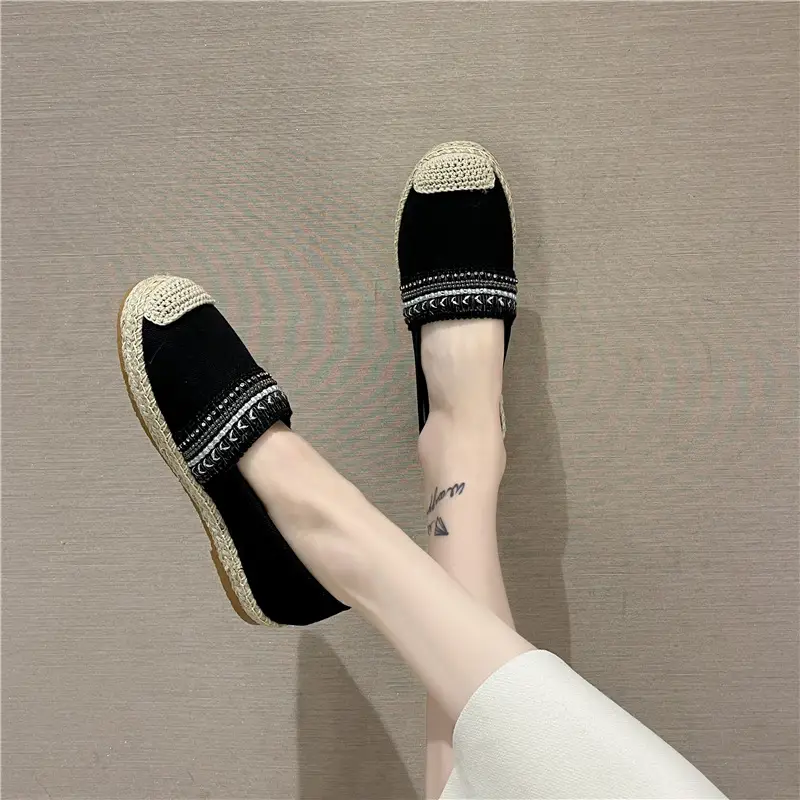 Women's Linen Fisherman Slip-On Loafers Black 2026