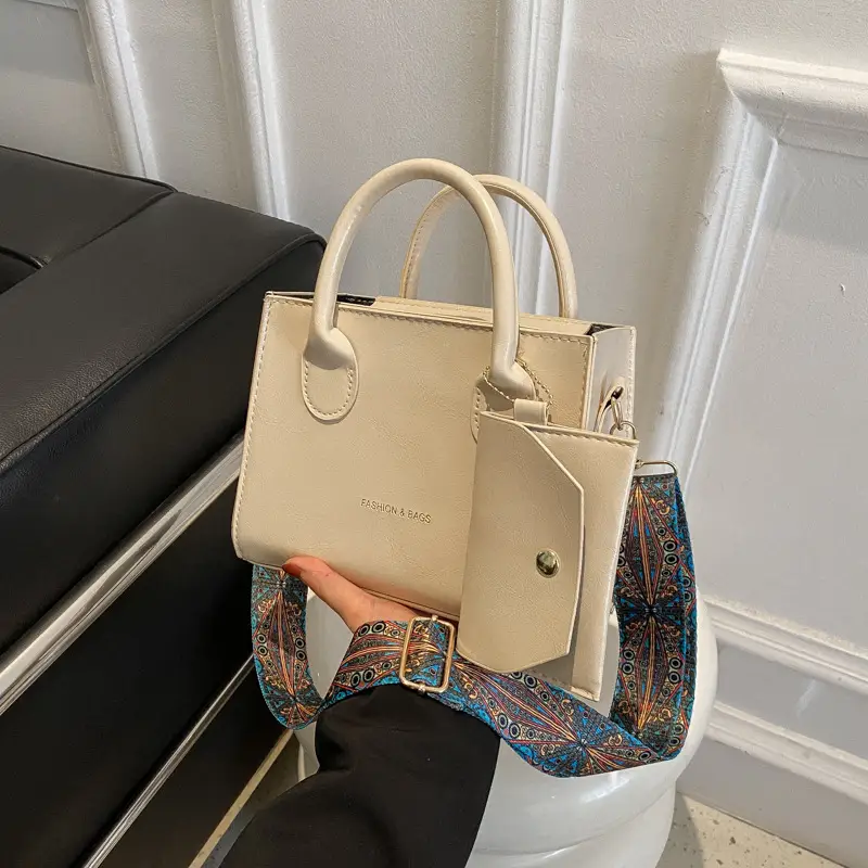 Women's Beige Shoulder Messenger Bag with Printed Strap - Image 8
