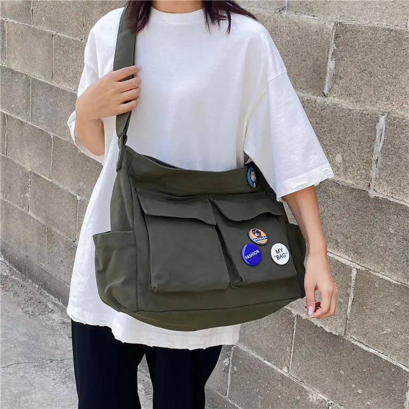 Men Canvas Crossbody Bag Large Capacity Tan - Image 5