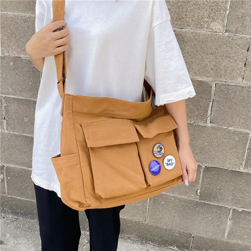Men Canvas Crossbody Bag Large Capacity Tan - Image 6