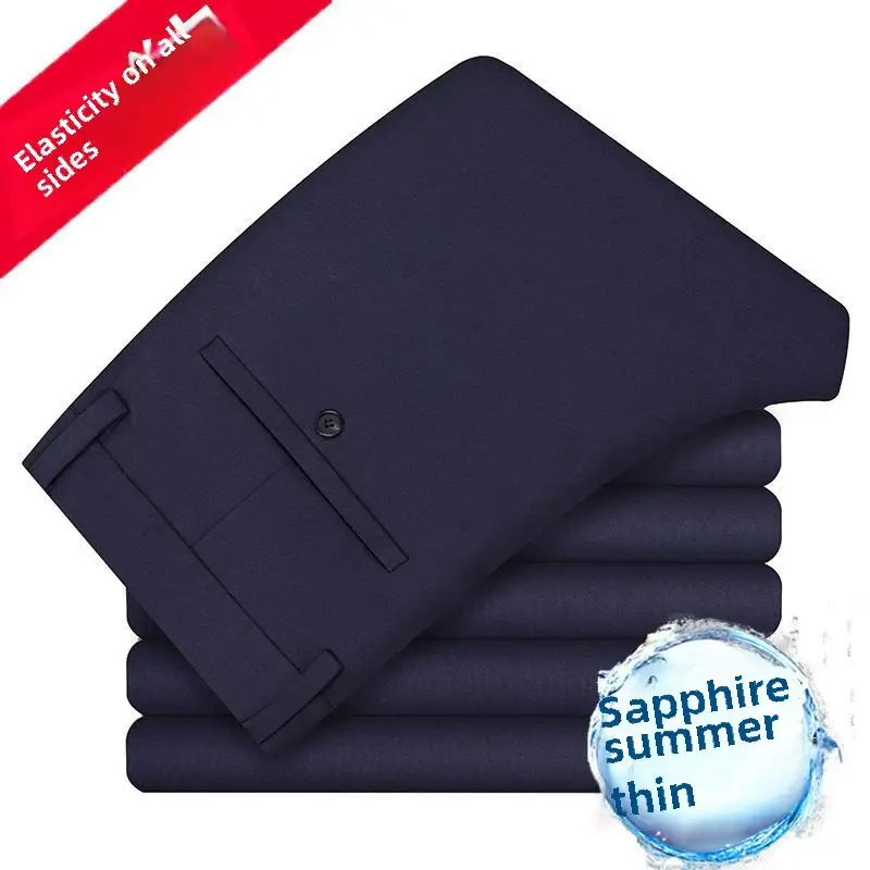 Men Navy Slim Fit Summer Trousers - Image 3