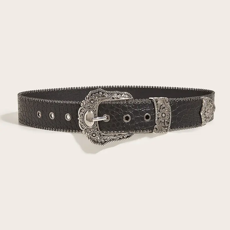 Women's Black Embossed Belt with Ornate Buckle - Image 3