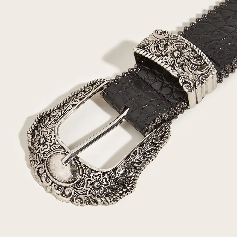 Women's Black Embossed Belt with Ornate Buckle - Image 4