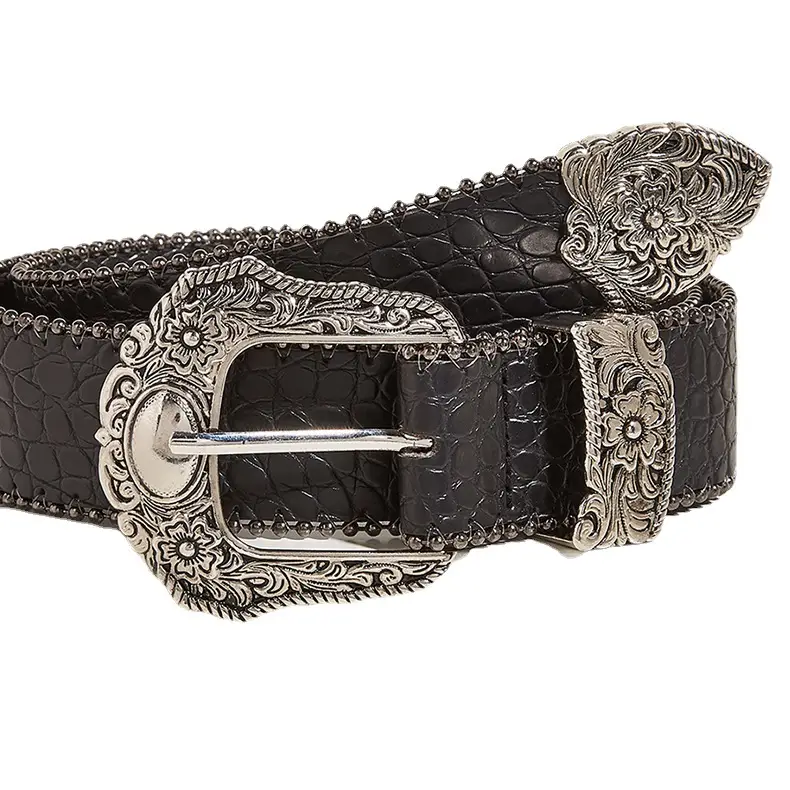 Women's Black Embossed Belt with Ornate Buckle - Image 6