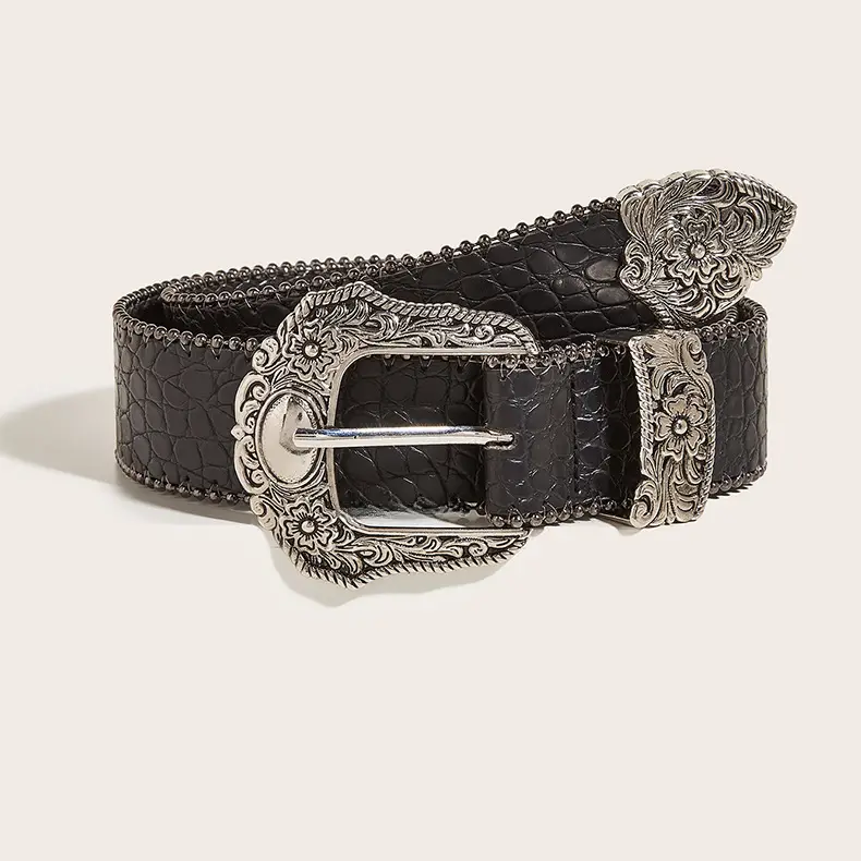 Women's Black Embossed Belt with Ornate Buckle
