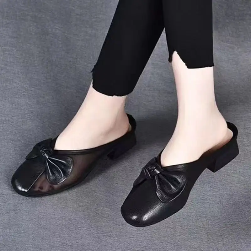 Women Green Bow Slippers Half Heel Soft Leather Summer - Image 5
