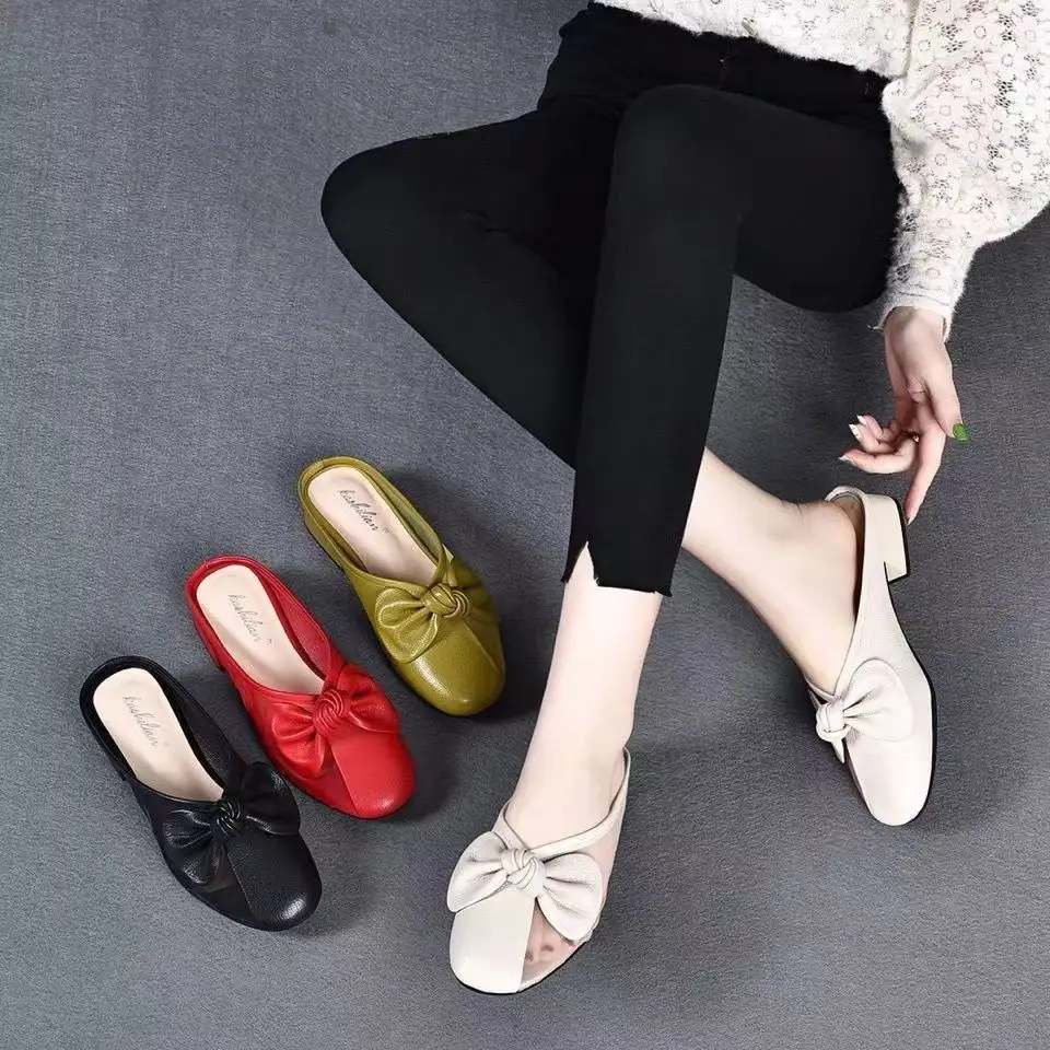 Women Green Bow Slippers Half Heel Soft Leather Summer - Image 7