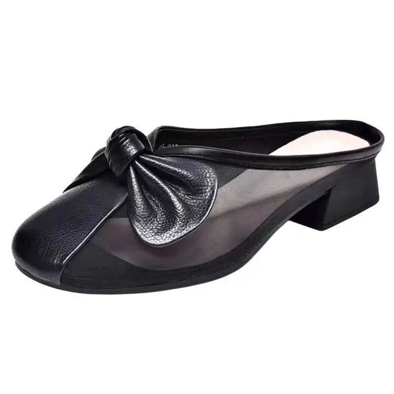Women Green Bow Slippers Half Heel Soft Leather Summer - Image 8