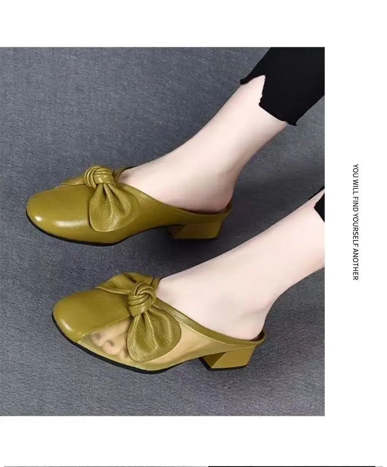 Women Green Bow Slippers Half Heel Soft Leather Summer — feature 10
