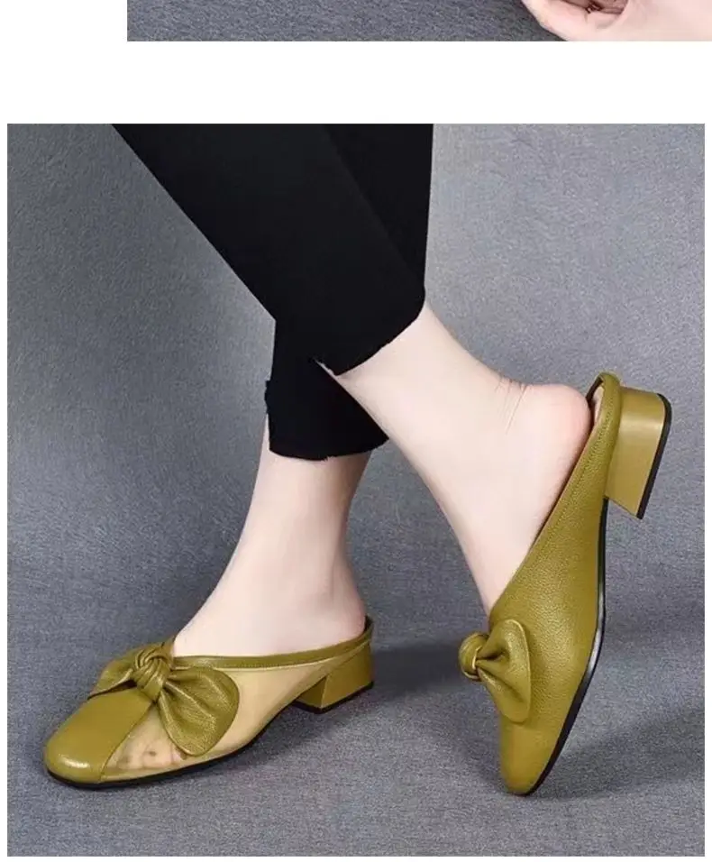 Women Green Bow Slippers Half Heel Soft Leather Summer — feature 11