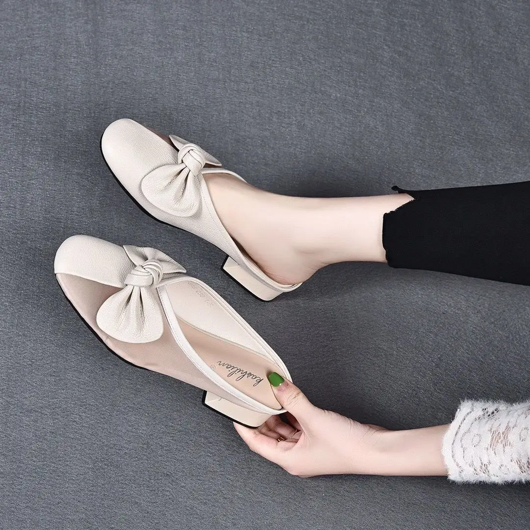 Women Green Bow Slippers Half Heel Soft Leather Summer — feature 12