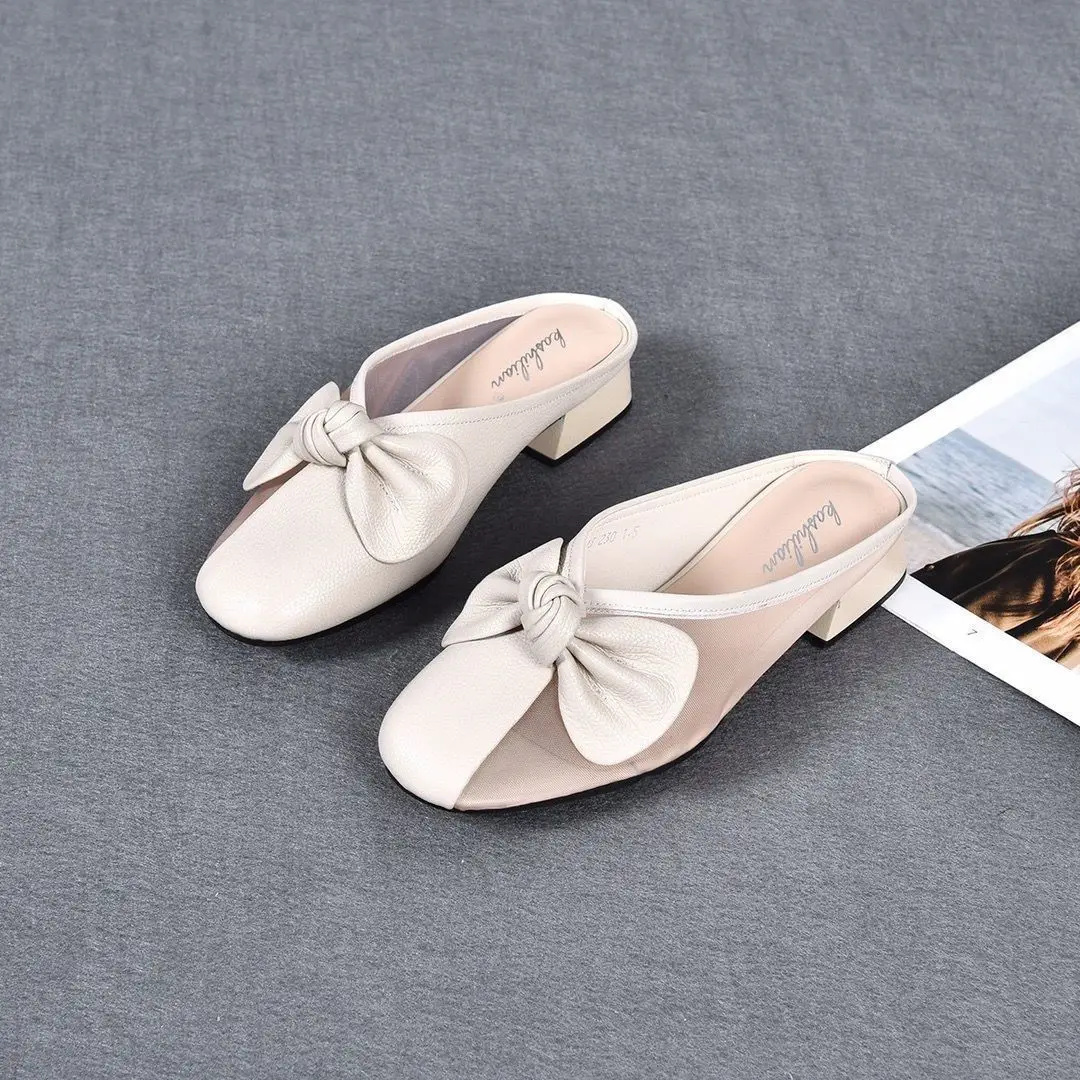 Women Green Bow Slippers Half Heel Soft Leather Summer — feature 13