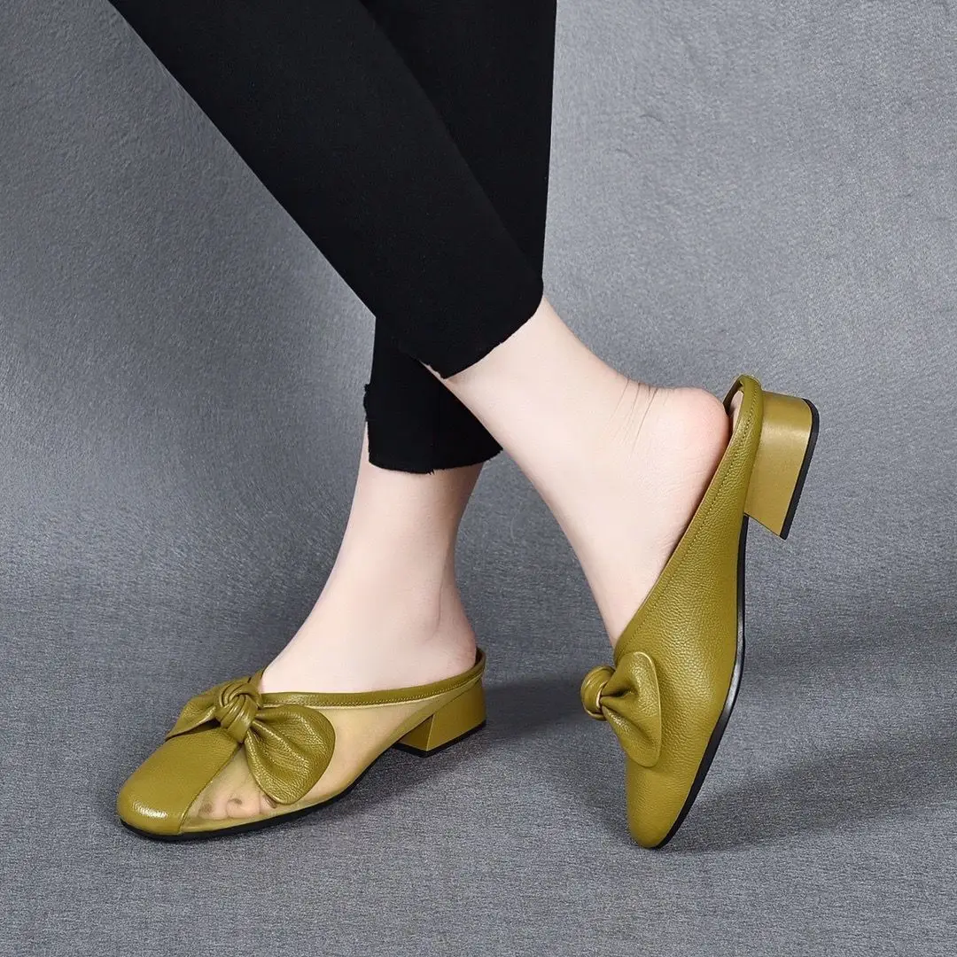 Women Green Bow Slippers Half Heel Soft Leather Summer — feature 14