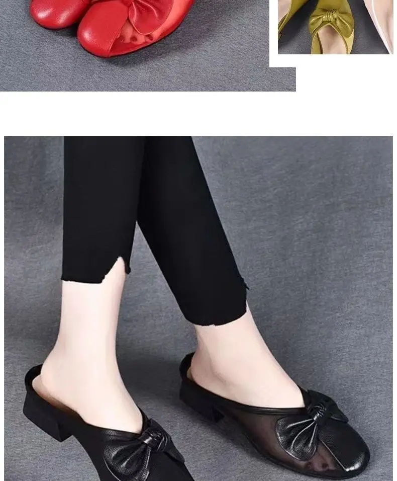 Women Green Bow Slippers Half Heel Soft Leather Summer — feature 6
