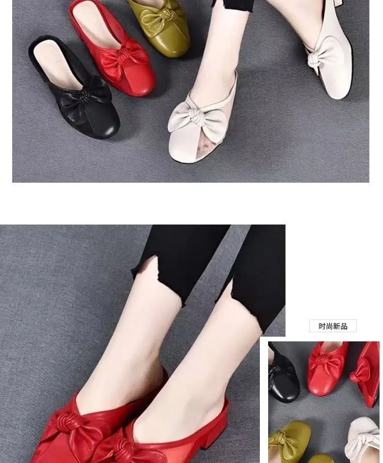 Women Green Bow Slippers Half Heel Soft Leather Summer — feature 7