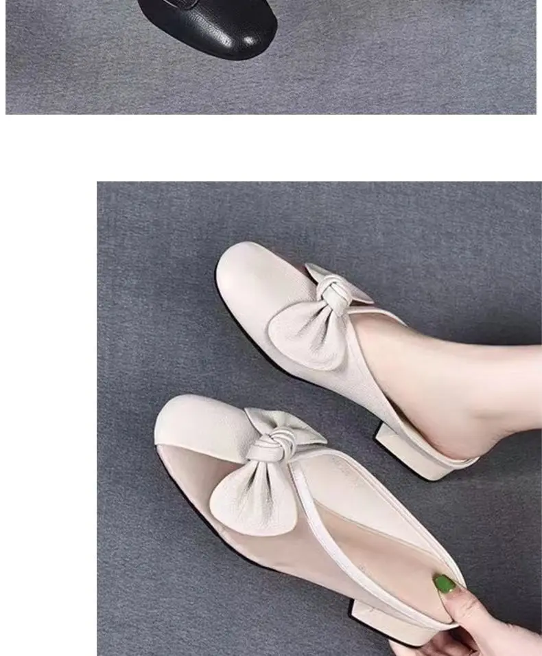 Women Green Bow Slippers Half Heel Soft Leather Summer — feature 9