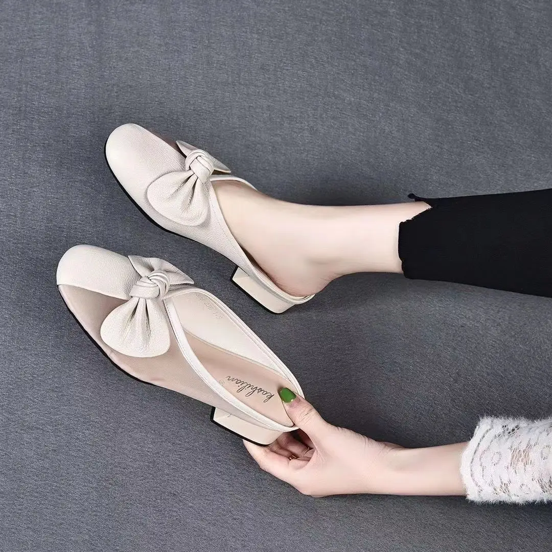 Women Green Bow Slippers Half Heel Soft Leather Summer - Image 2