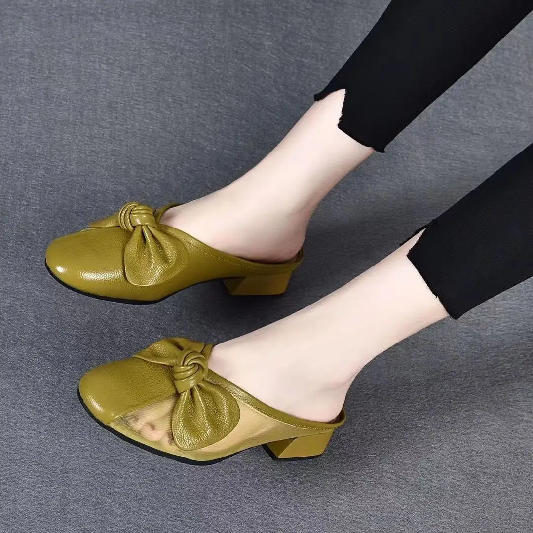 Women Green Bow Slippers Half Heel Soft Leather Summer - Image 3
