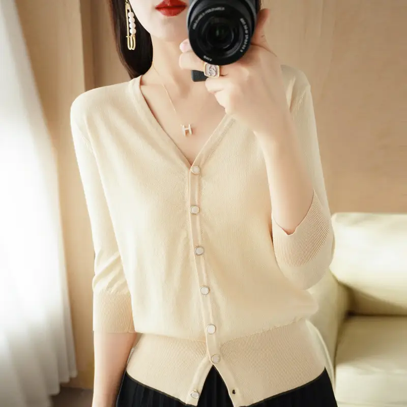 Women V-Neck Button Cardigan Ice Silk Sun Protection 2025 - Image 11