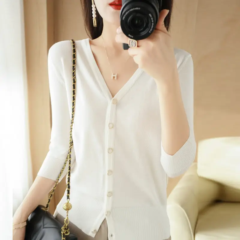 Women V-Neck Button Cardigan Ice Silk Sun Protection 2025 - Image 12