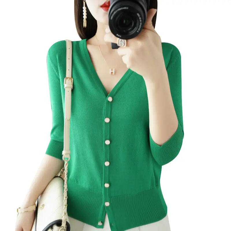 Women V-Neck Button Cardigan Ice Silk Sun Protection 2025 - Image 15