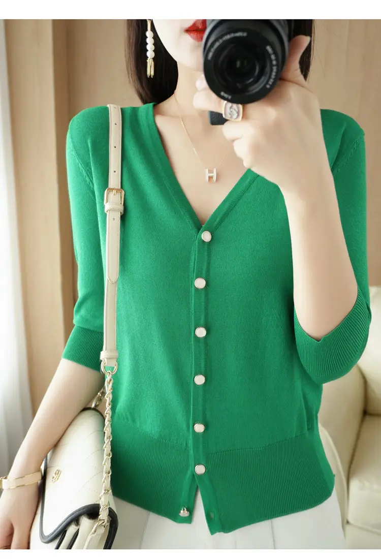 Women V-Neck Button Cardigan Ice Silk Sun Protection 2025 — feature 68