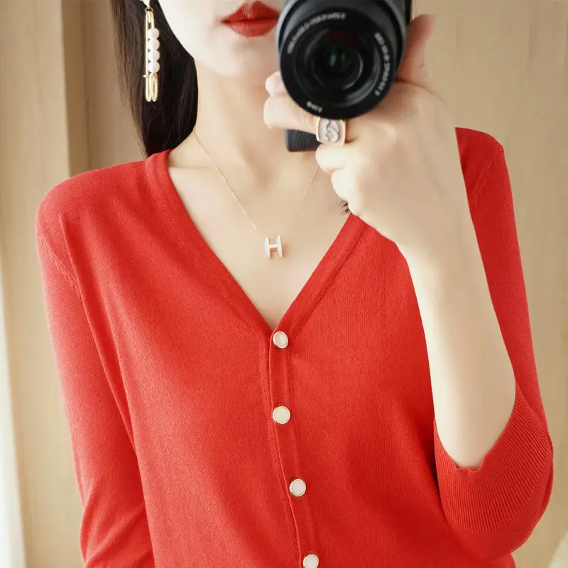 Women V-Neck Button Cardigan Ice Silk Sun Protection 2025 - Image 9