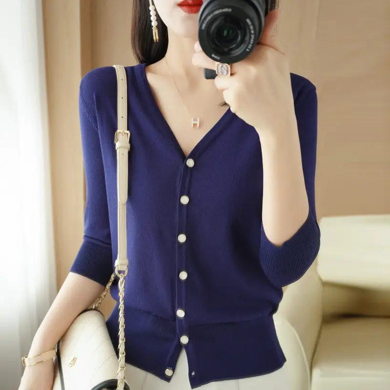 Women V-Neck Button Cardigan Ice Silk Sun Protection 2025 - Image 10