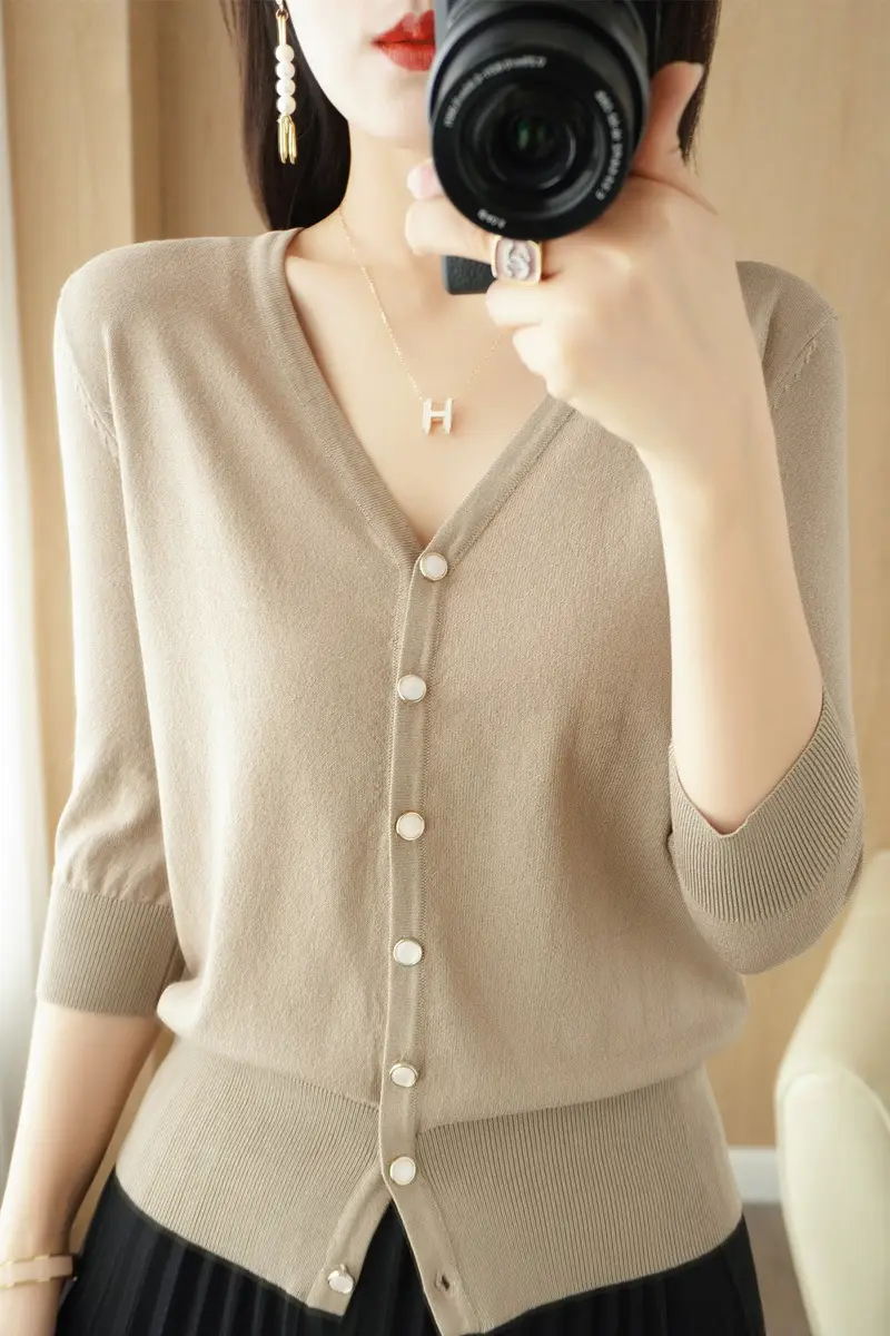 Women V-Neck Button Cardigan Ice Silk Sun Protection 2025 - Image 2