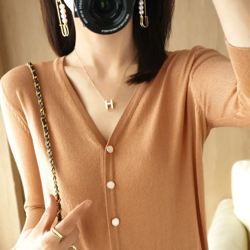 Women V-Neck Button Cardigan Ice Silk Sun Protection 2025 - Image 3