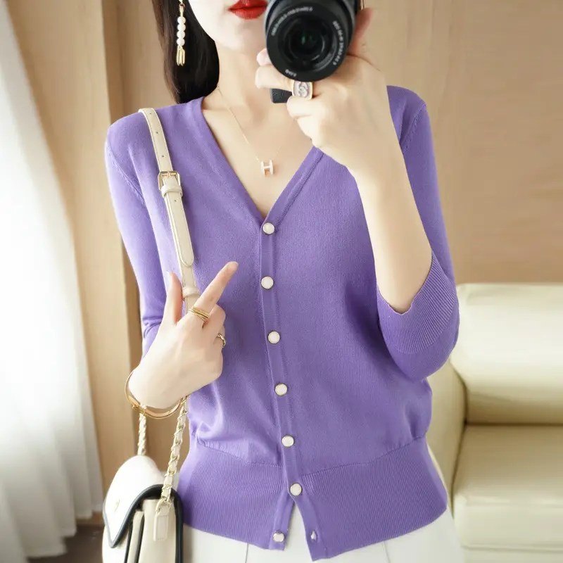 Women V-Neck Button Cardigan Ice Silk Sun Protection 2025 - Image 4