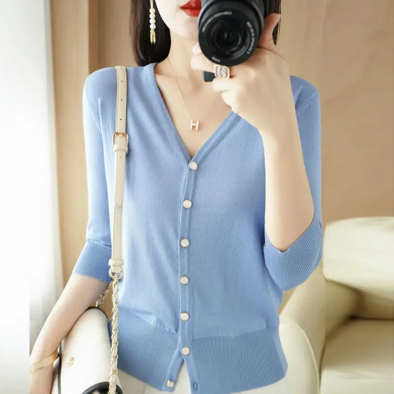 Women V-Neck Button Cardigan Ice Silk Sun Protection 2025 - Image 5