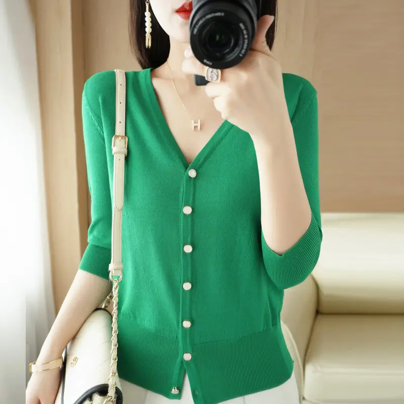 Women V-Neck Button Cardigan Ice Silk Sun Protection 2025 - Image 6