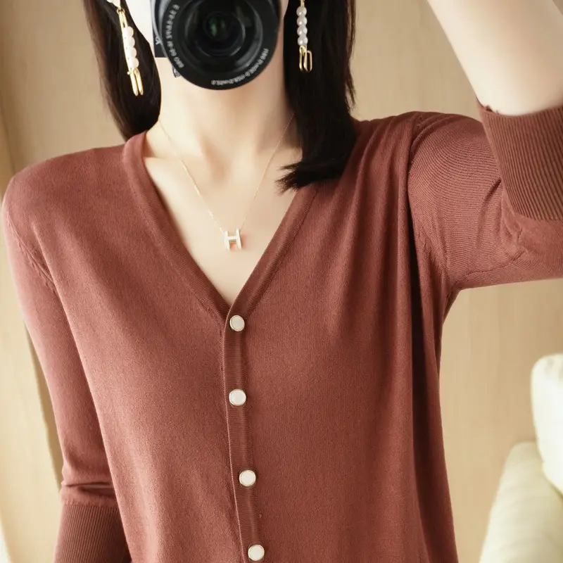 Women V-Neck Button Cardigan Ice Silk Sun Protection 2025 - Image 7